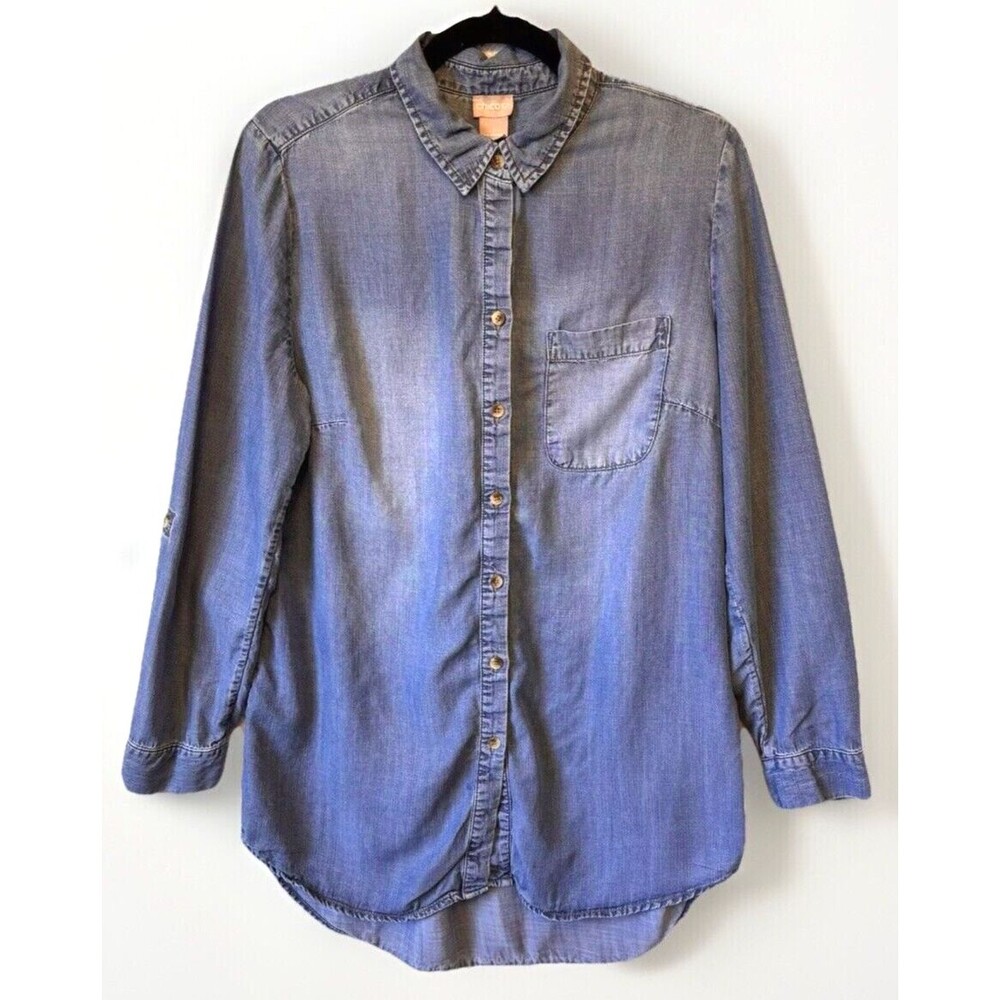 Chicos‎ Shirt 1 Medium Denim Chambray Button Down Long Roll Tab Sleeve Lyocell